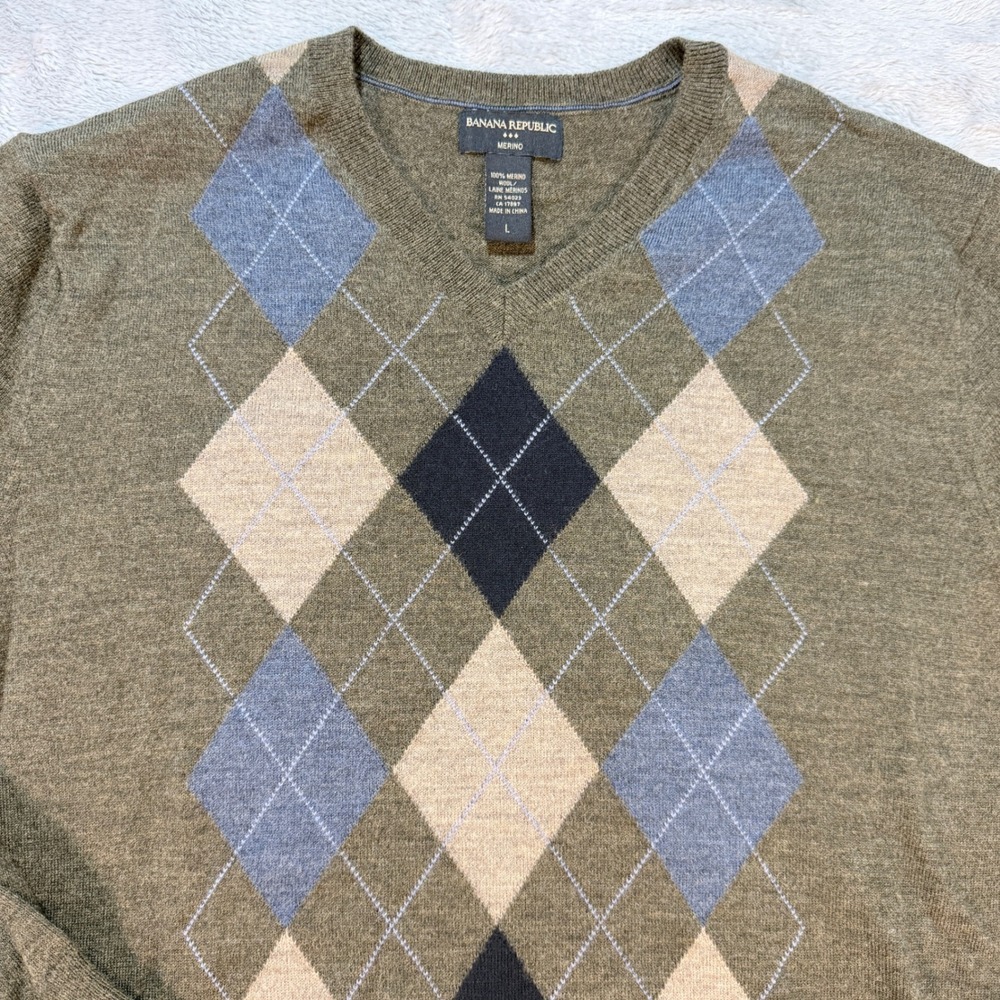 Banana Republic Men Merino Wool Argyle V-Neck Sweater Size‎ L Green Blue Tan